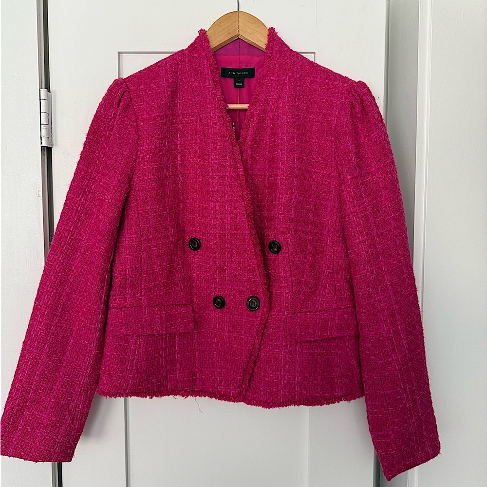 Ann Taylor Fringe Tweed Double Breasted Jacket (Size 2)